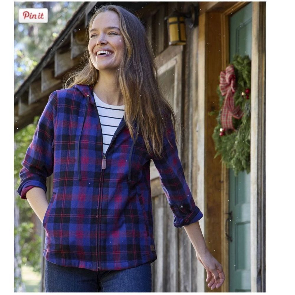 Eddie Bauer Women’s Scotch Plaid Flannel FUR Lined Relaxed Shirt Hoodie sz L NWT